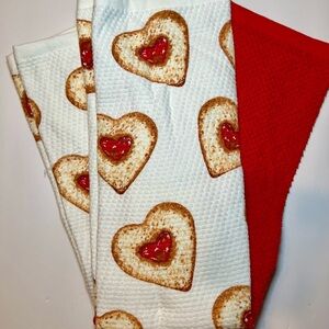 3 Heart Shaped Cookies Kitchen Towels Linzer Strawberry Jam Waffle Texture